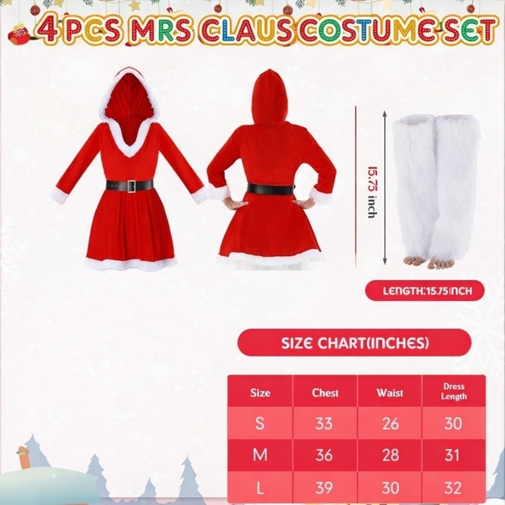 New 4pc Mrs Clause Hooded Cosplay Costume - Picture 3 of 6